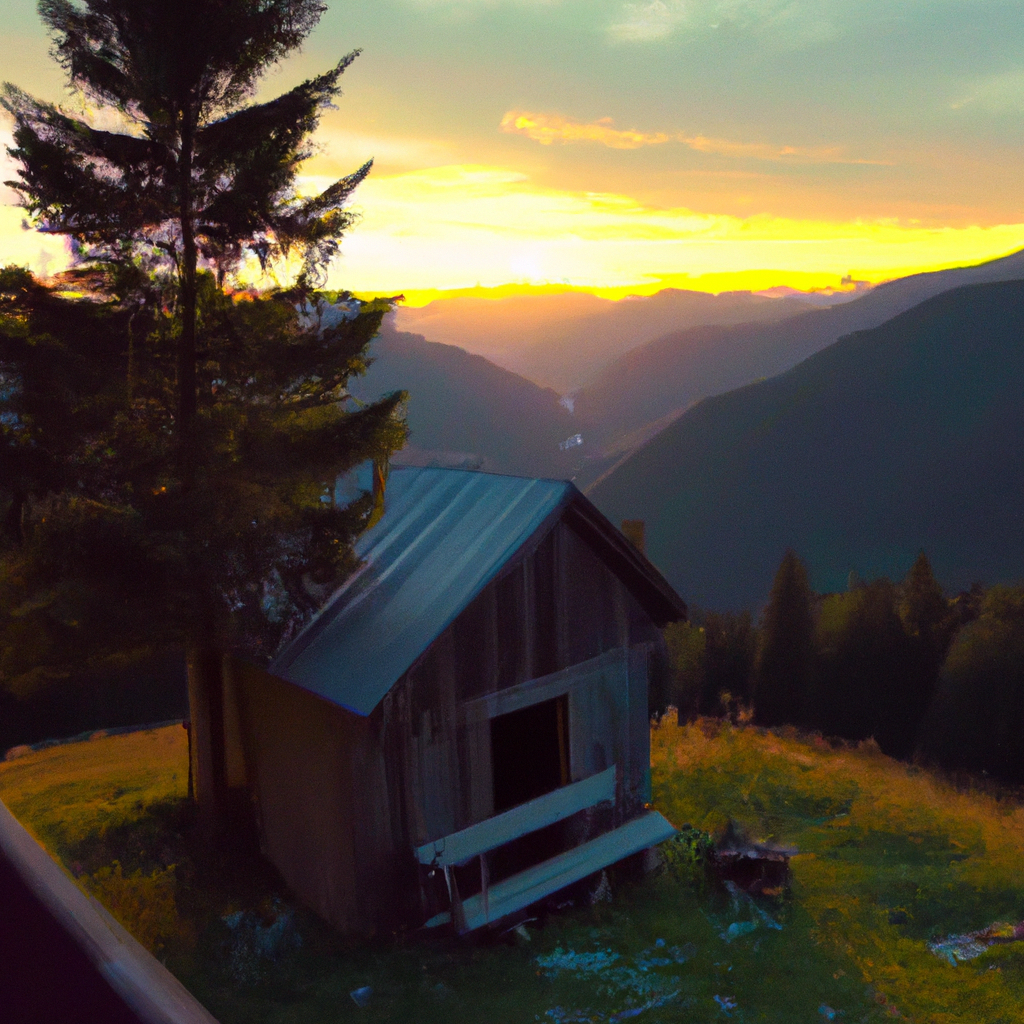 A sunset over a mountain landscape with a cabin in the foreground
