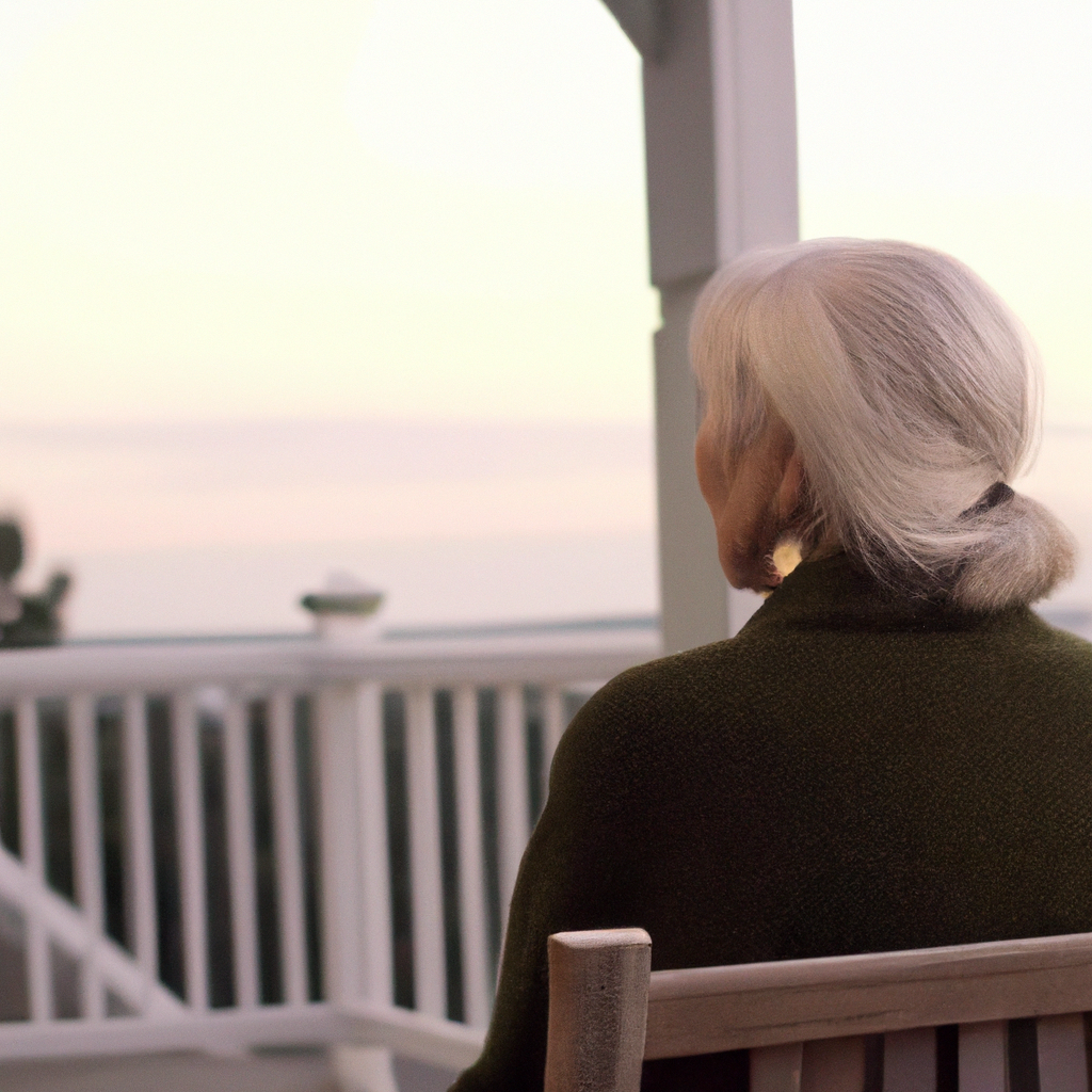 A senior women reflecting on Thanksgiving looking over the ocean on her terrace