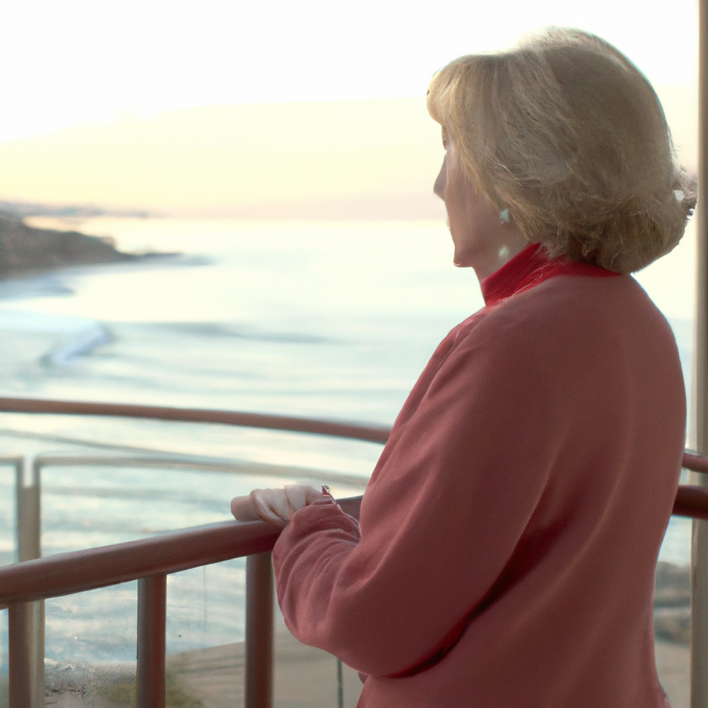 A senior women reflecting on Thanksgiving looking over the ocean on her terrace