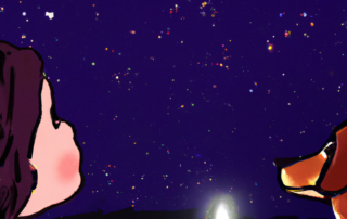 a color drawing of a little girl, holding a candle with her dog looking up to the stars. Put some glitter on it