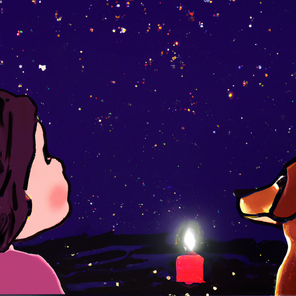 a color drawing of a little girl, holding a candle with her dog looking up to the stars. Put some glitter on it