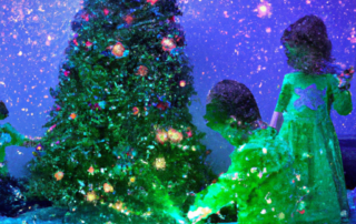 create color art collage of christmas with a lit christmas tree, kids around it