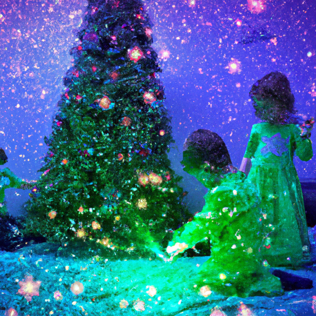 create color art collage of christmas with a lit christmas tree, kids around it