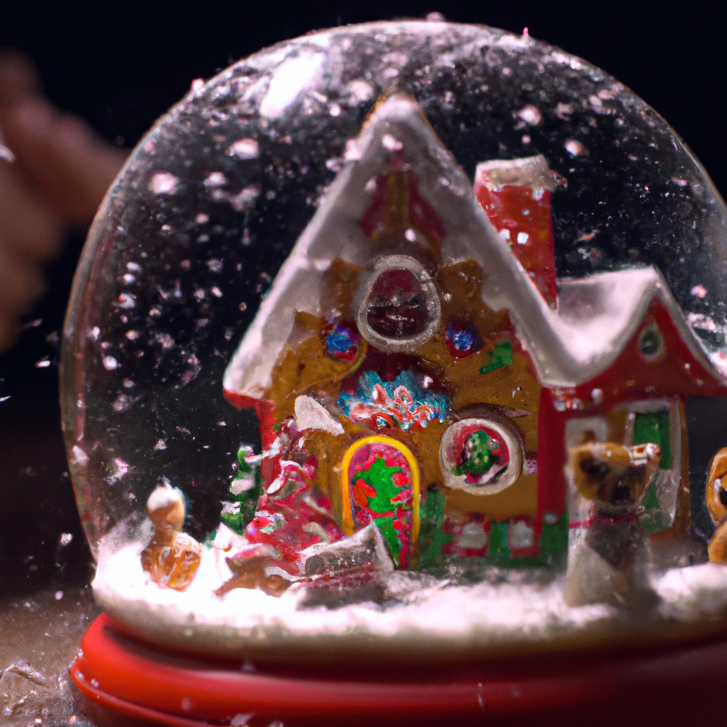 I want a beautiful picture of a Snow Globe with a gingerbread house in it and a family , dog and cat happiness