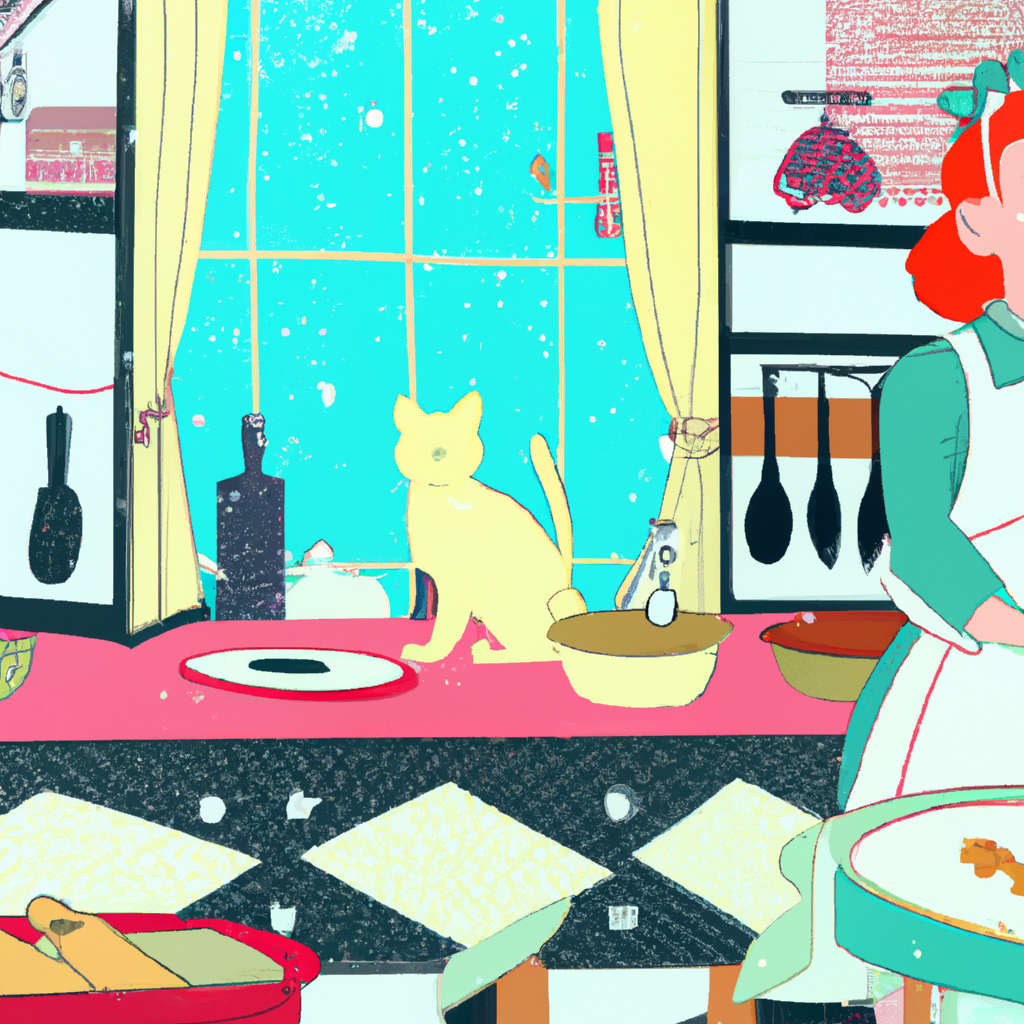 give me a color drawing setting is: 1950 mother in kitchen, stove , sink, window snowing outside, making cookies, The cat and dog is around the table. mother with apron and bow in her hair hurrying to get the cookies done