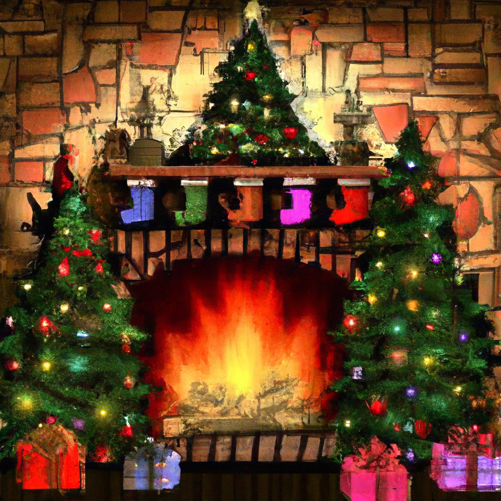 give me a drawing of an old-fashion, decorated christmas tree with color and presents under the tree. The setting is 1950 in a living room with fire place