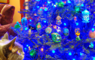 big colorful christmas tree with ornaments and a cute cat looking out